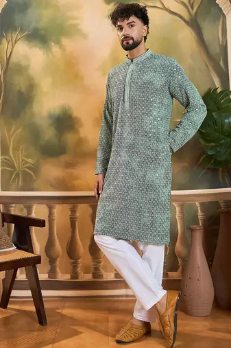 Men green viscose rayon shibori embroidered straight kurta