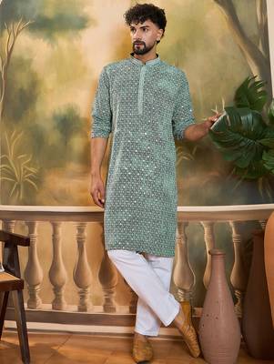 Men green viscose rayon shibori embroidered straight kurta 5