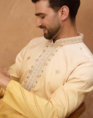Men yellow silk blend solid embroidered straight kurta 1