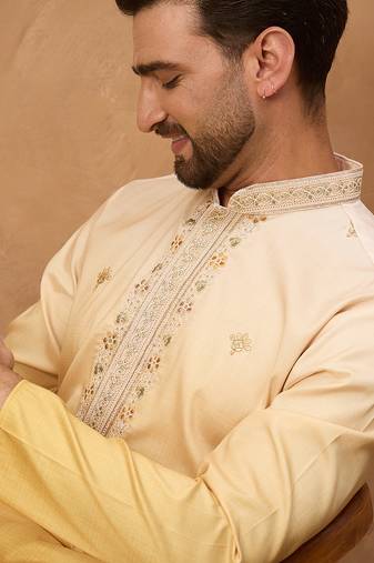 Men yellow silk blend solid embroidered straight kurta