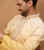 Men yellow silk blend solid embroidered straight kurta