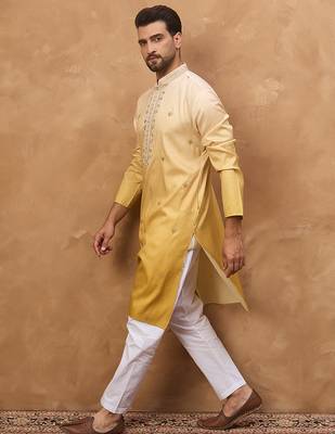 Men yellow silk blend solid embroidered straight kurta 3