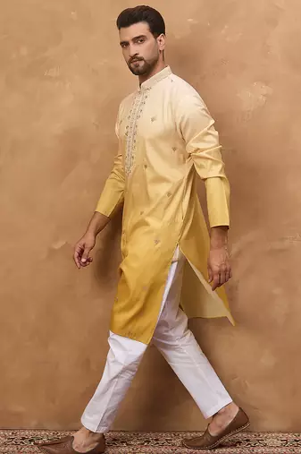 Men yellow silk blend solid embroidered straight kurta