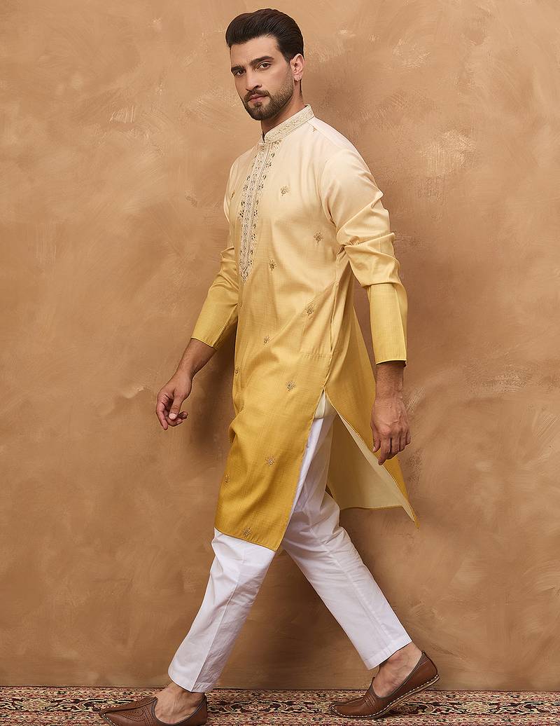 Men yellow silk blend solid embroidered straight kurta