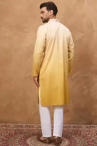 Men yellow silk blend solid embroidered straight kurta