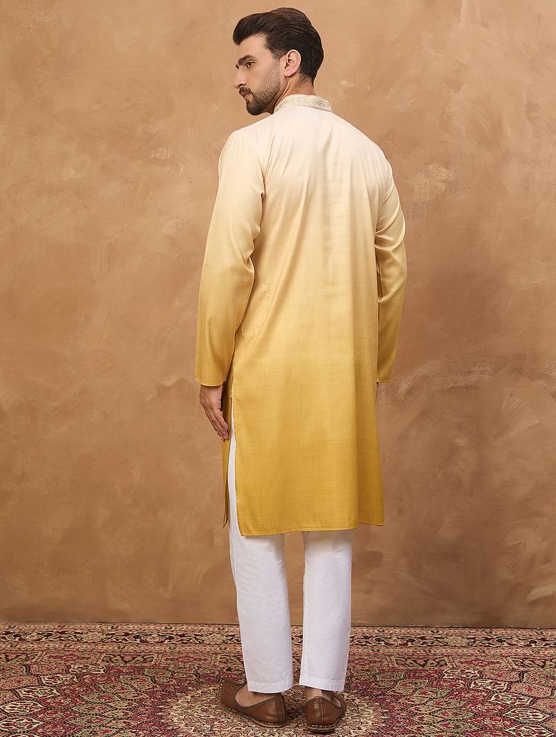Men yellow silk blend solid embroidered straight kurta