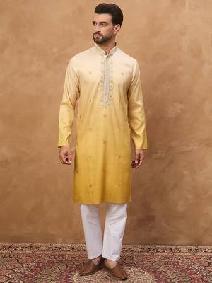 Men yellow silk blend solid embroidered straight kurta 5