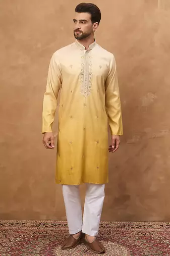 Men yellow silk blend solid embroidered straight kurta