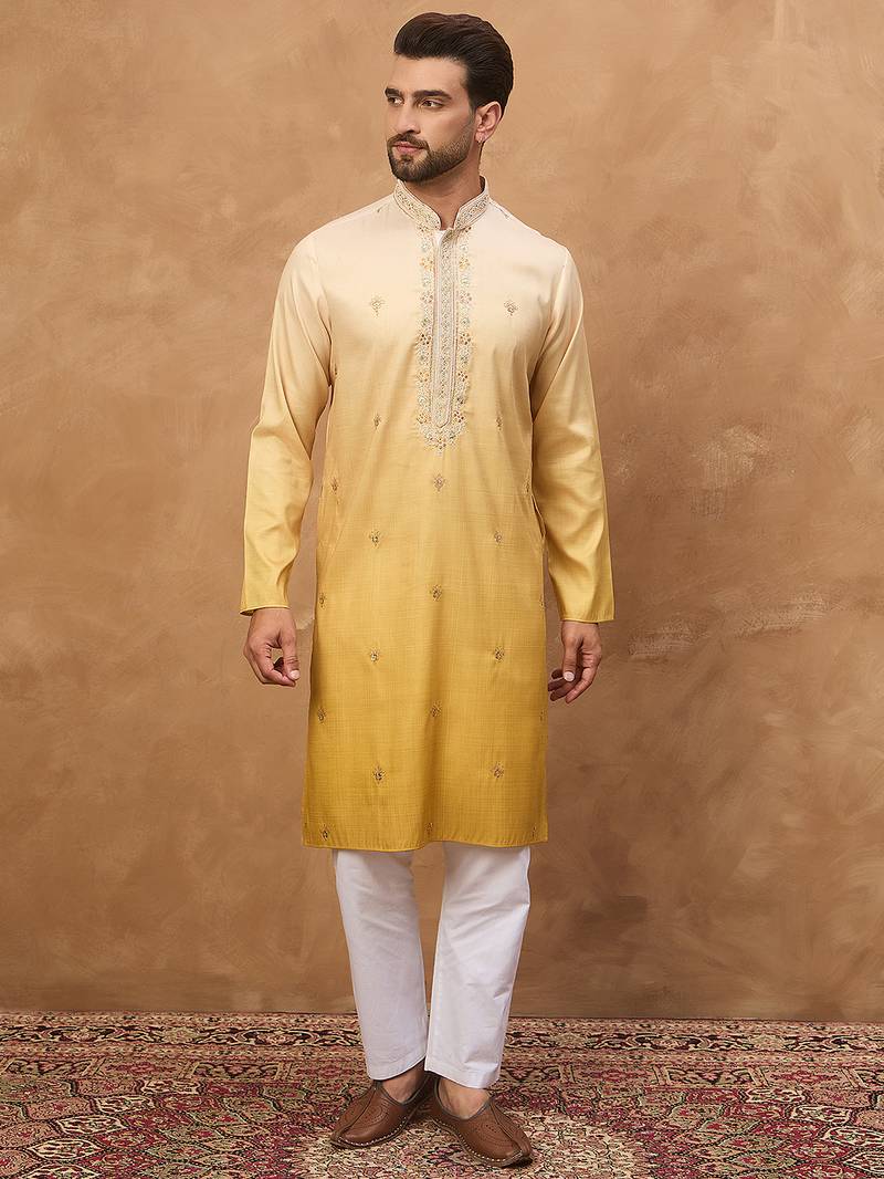 Men yellow silk blend solid embroidered straight kurta
