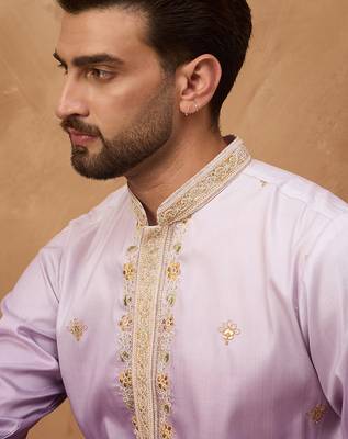 Men purple silk blend solid embroidered straight kurta 1