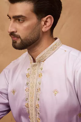 Men purple silk blend solid embroidered straight kurta