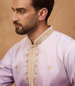 Men purple silk blend solid embroidered straight kurta
