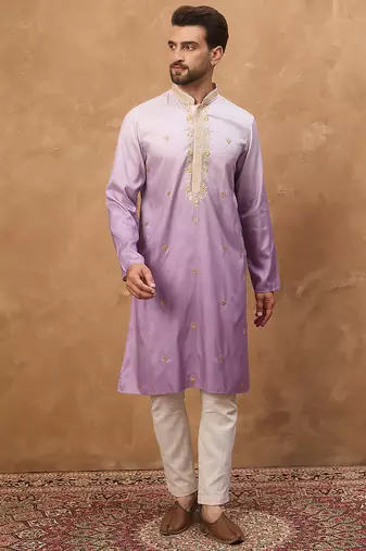 Men purple silk blend solid embroidered straight kurta