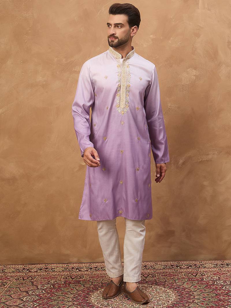 Men purple silk blend solid embroidered straight kurta