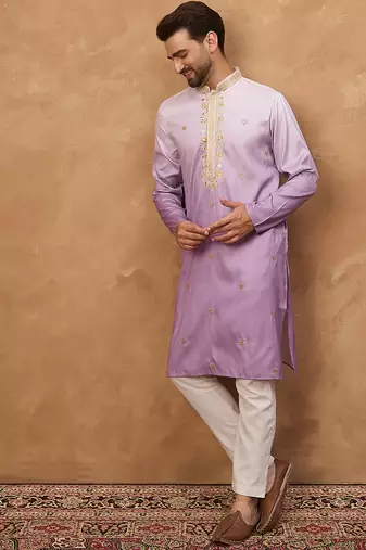 Men purple silk blend solid embroidered straight kurta