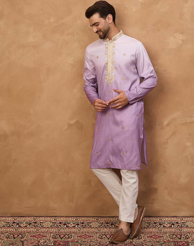Men purple silk blend solid embroidered straight kurta
