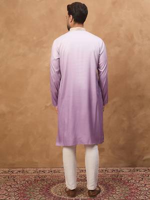 Men purple silk blend solid embroidered straight kurta 4