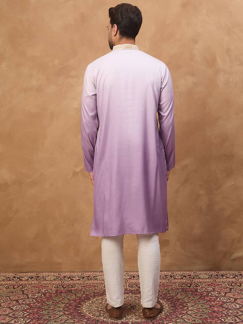 Men purple silk blend solid embroidered straight kurta