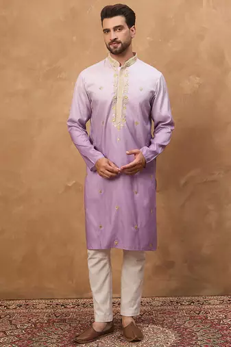 Men purple silk blend solid embroidered straight kurta