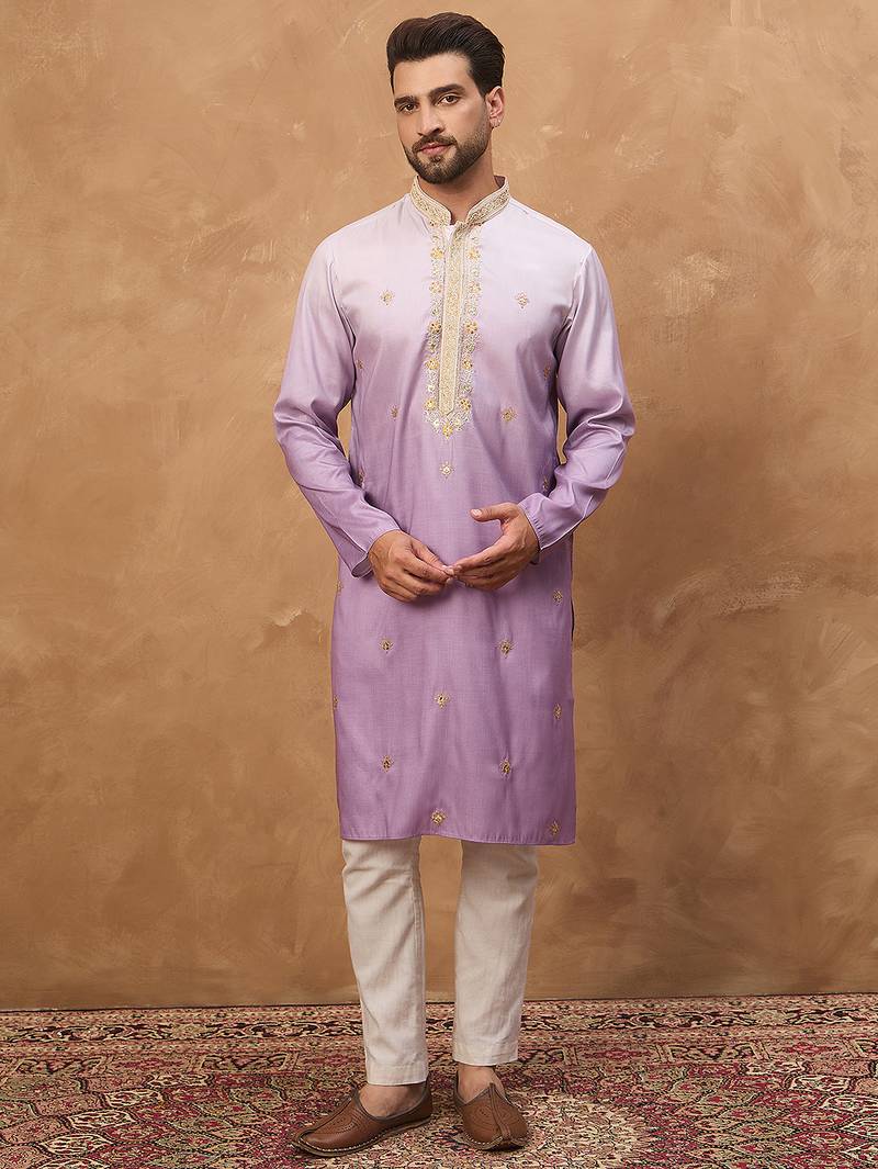 Men purple silk blend solid embroidered straight kurta