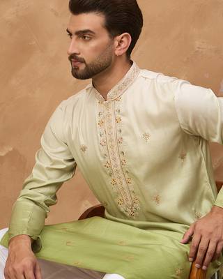 Men green silk blend solid embroidered straight kurta 2