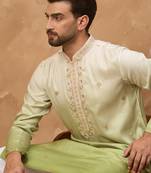 Men green silk blend solid embroidered straight kurta