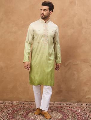 Men green silk blend solid embroidered straight kurta 1