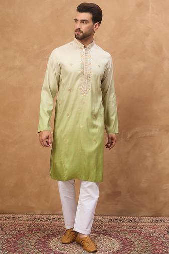 Men green silk blend solid embroidered straight kurta
