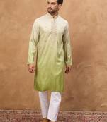 Men green silk blend solid embroidered straight kurta
