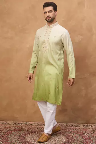 Men green silk blend solid embroidered straight kurta