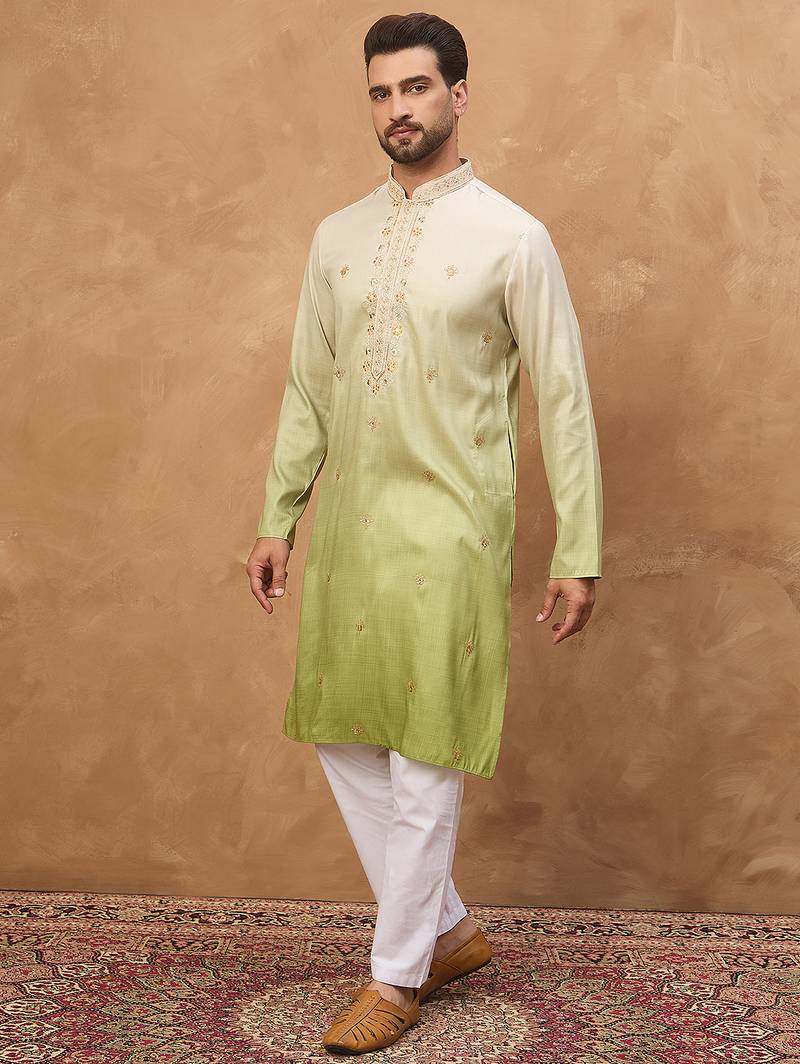 Men green silk blend solid embroidered straight kurta