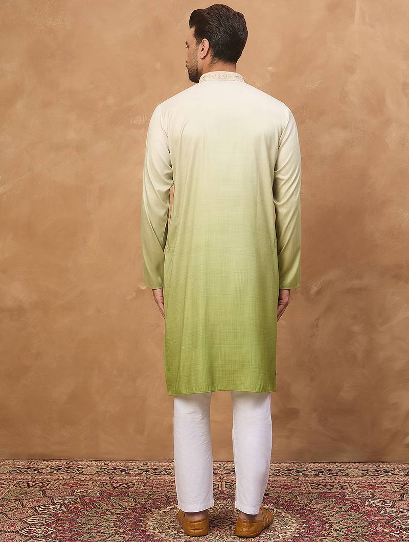 Men green silk blend solid embroidered straight kurta