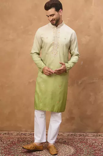 Men green silk blend solid embroidered straight kurta