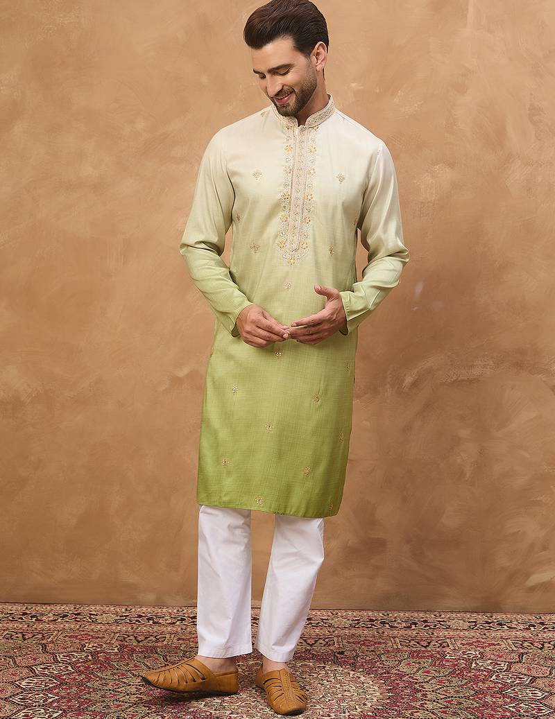 Men green silk blend solid embroidered straight kurta