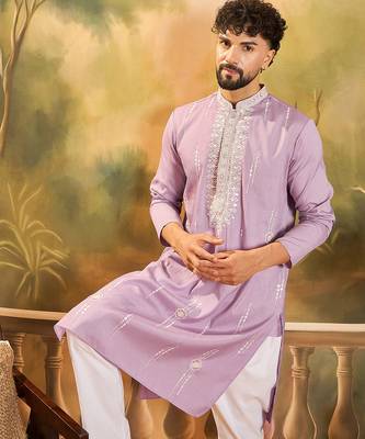 Men lavender silk blend solid embroidered straight kurta 1