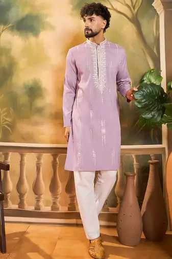 Men lavender silk blend solid embroidered straight kurta