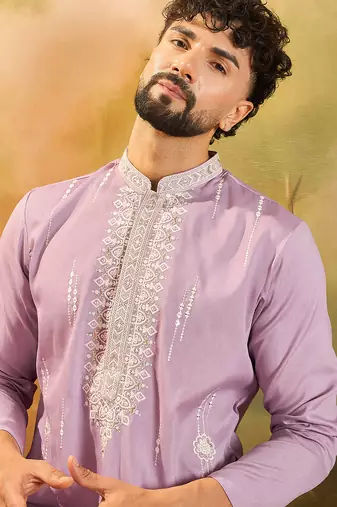 Men lavender silk blend solid embroidered straight kurta