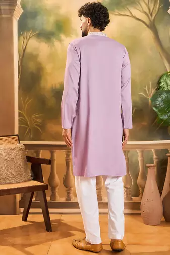 Men lavender silk blend solid embroidered straight kurta