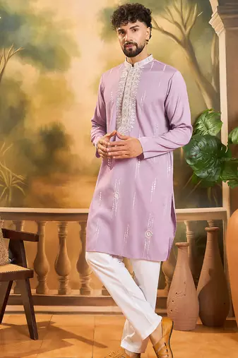 Men lavender silk blend solid embroidered straight kurta