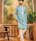 Men blue silk blend solid embroidered straight kurta