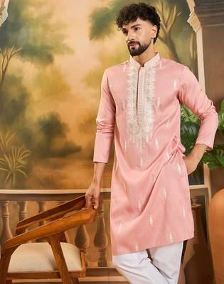 Men peach silk blend solid embroidered straight kurta 1