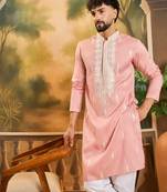 Men peach silk blend solid embroidered straight kurta