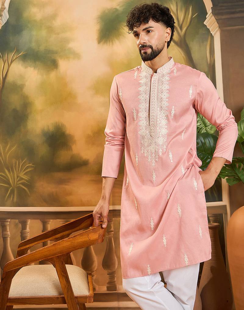Men peach silk blend solid embroidered straight kurta