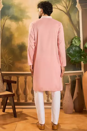 Men peach silk blend solid embroidered straight kurta