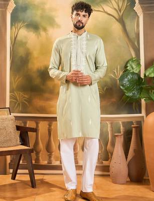 Men green silk blend solid embroidered straight kurta 5