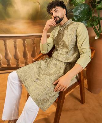 Men green silk blend solid embroidered straight kurta 1