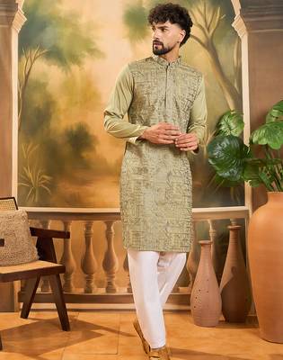 Men green silk blend solid embroidered straight kurta 2