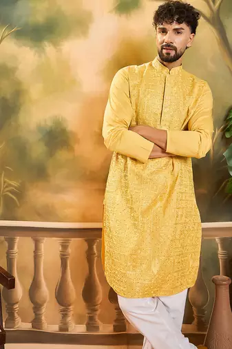 Men yellow silk blend solid embroidered straight kurta