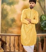 Men yellow silk blend solid embroidered straight kurta