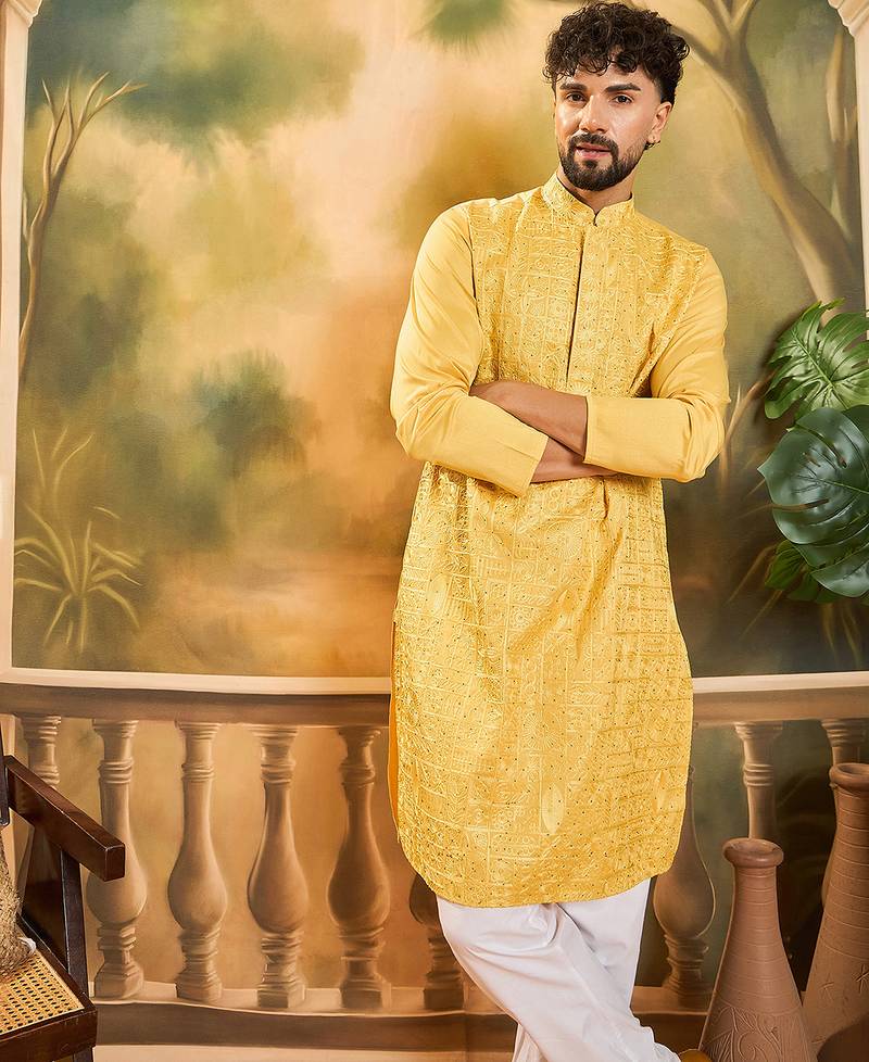 Men yellow silk blend solid embroidered straight kurta